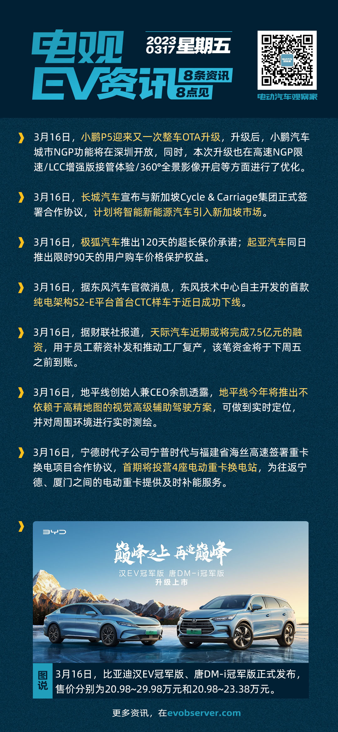 比亚迪汉EV/唐DM-i冠军版上市；小鹏P5再次升级OTA；长城拓展新加坡市场| 电观资讯-电动汽车观察家