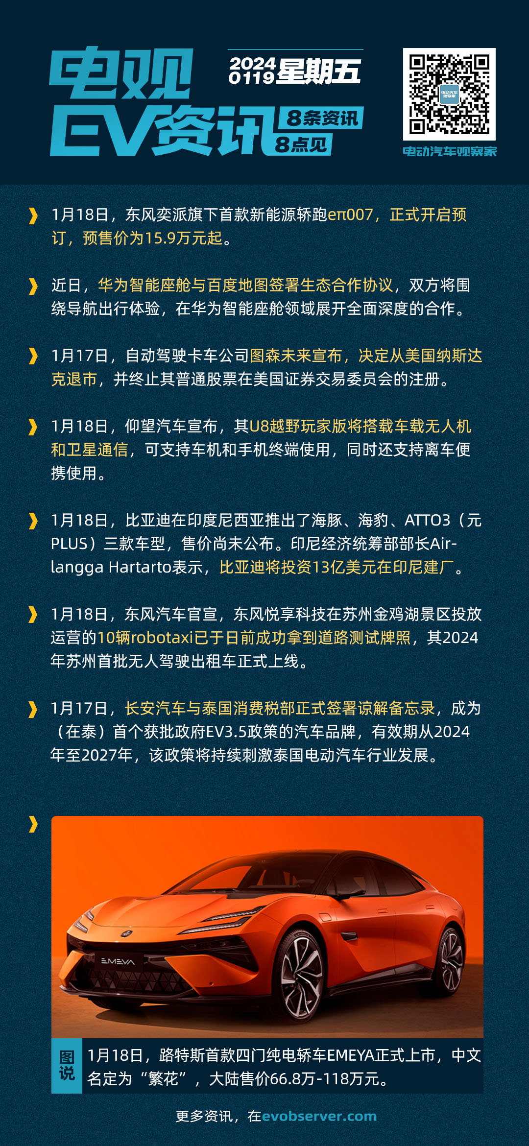 1月19日：路特斯EMEYA66.8万起售；东风eπ007预售价15.9万起；华为与百度合作| 电观资讯-电动汽车观察家