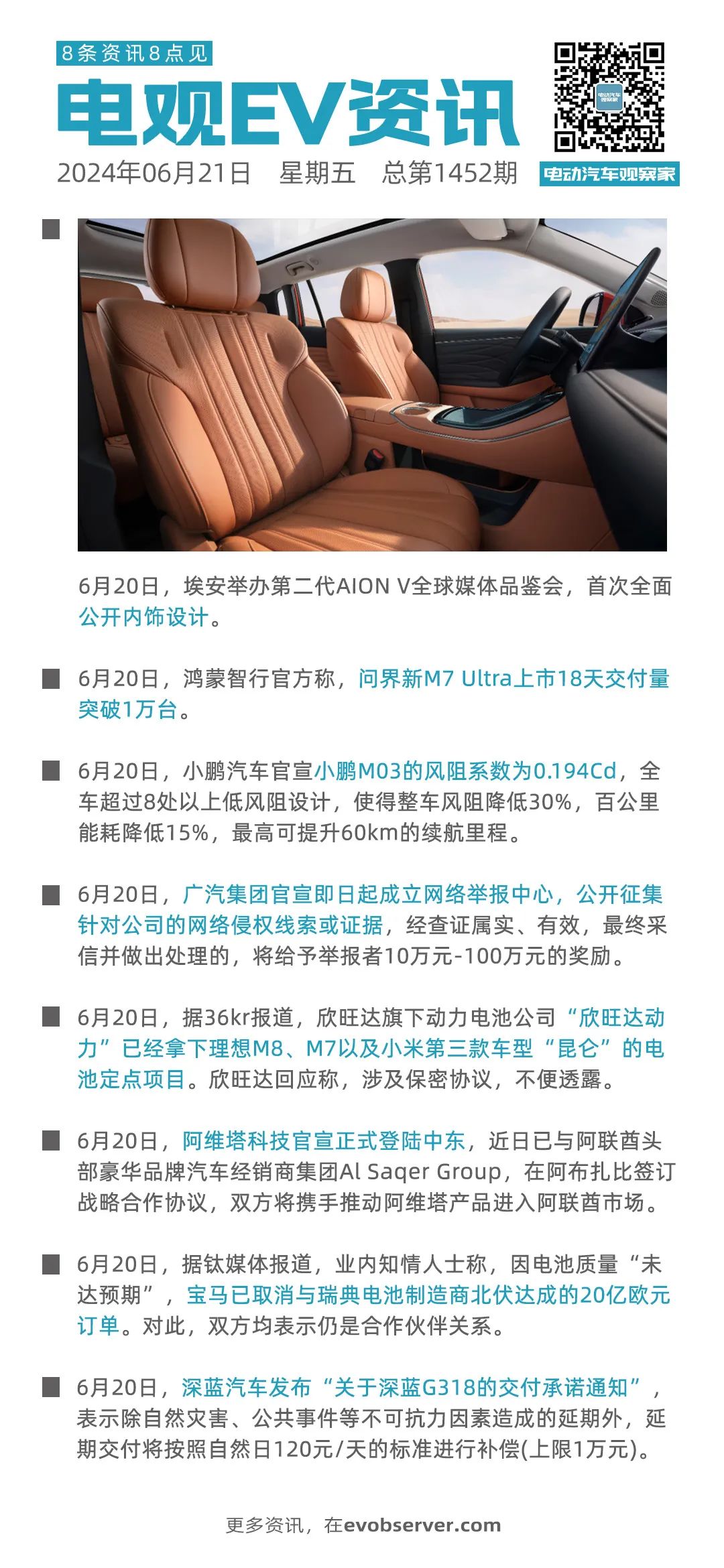 6月21日：第二代AION V内饰亮相；问界新M7 Ultra交付量破万；小鹏M03风阻系数为0.194Cd | 电观资讯-电动汽车观察家